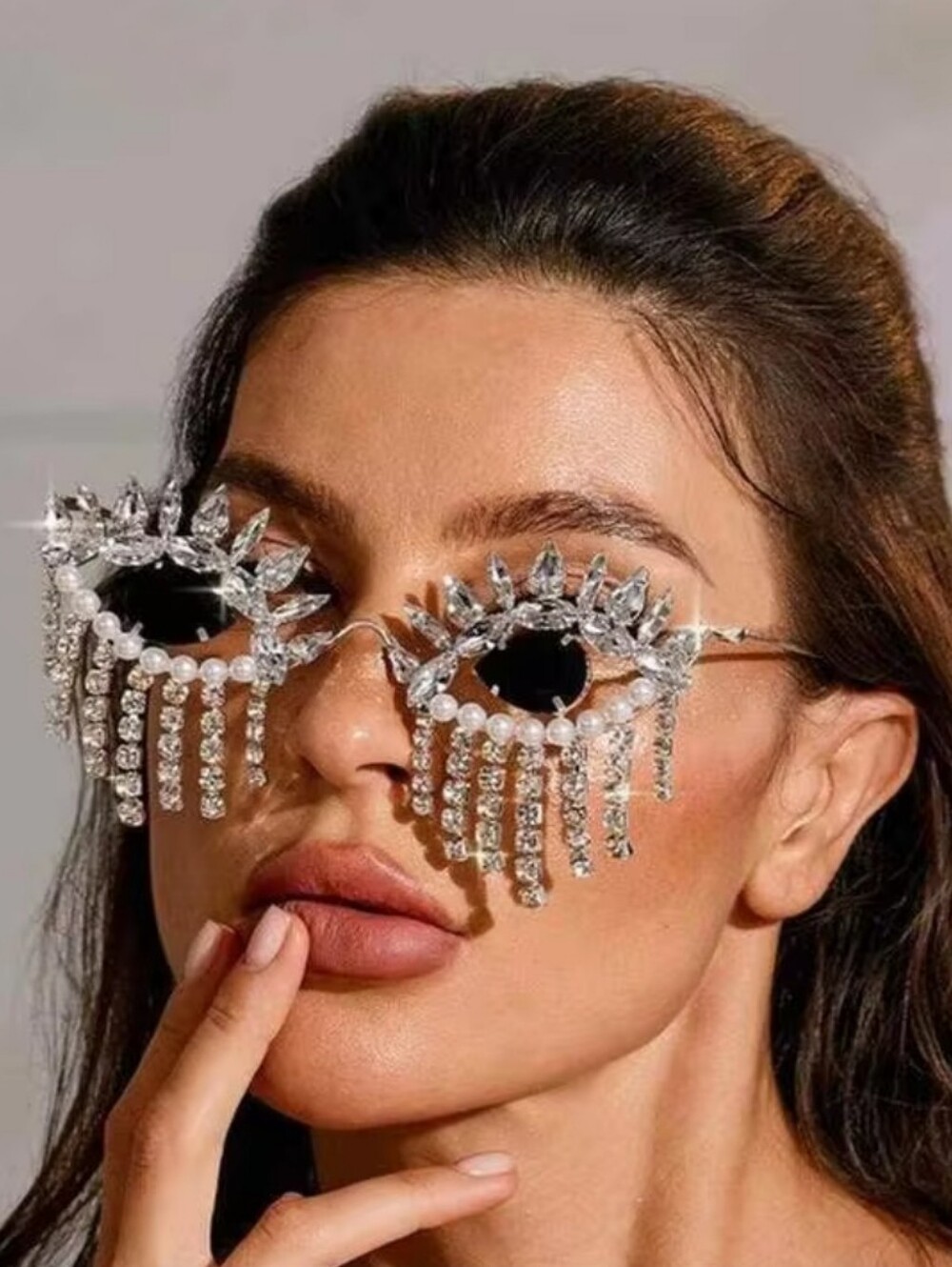 Dramatic Silver Crystal Fringe Fashion Sunglasses No Lens